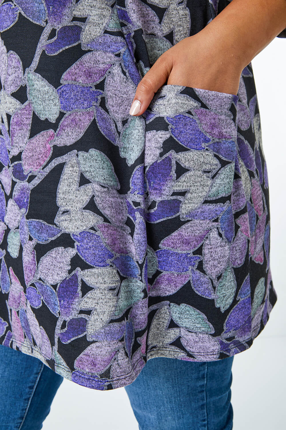 Lilac Curve Leaf Print Pocket Stretch Tunic, Image 5 of 5