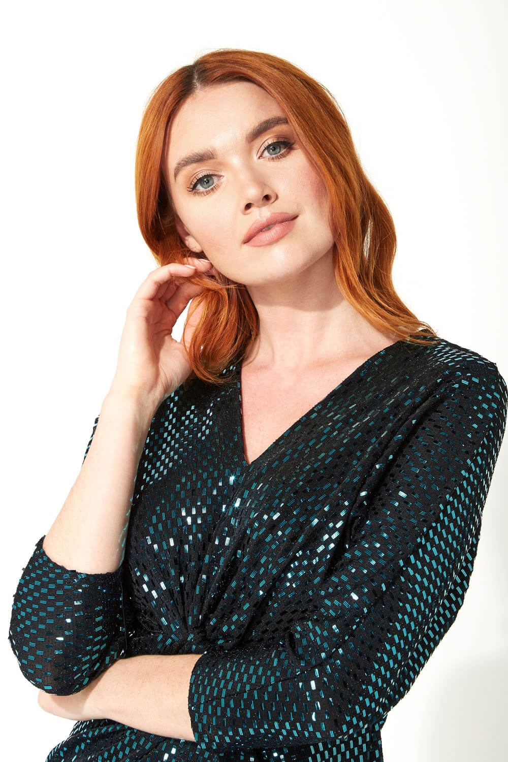 Teal Shimmer Knot Front Top, Image 4 of 5
