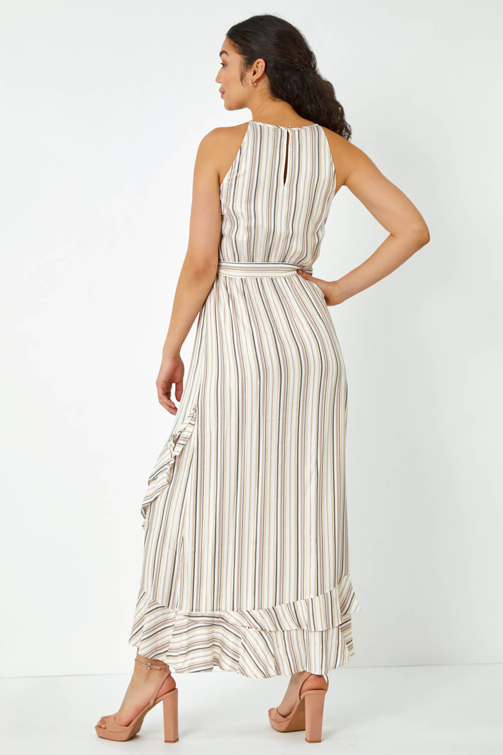 White Stripe Print Frill Detail Maxi Dress, Image 3 of 5
