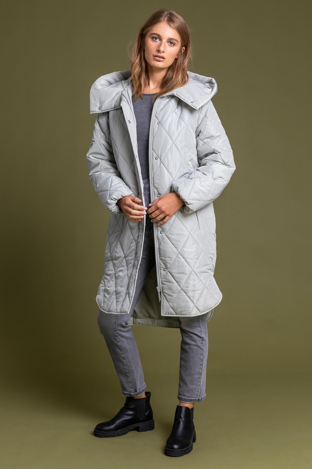 Sage Hooded Longline Quilted Coat, Image 3 of 5
