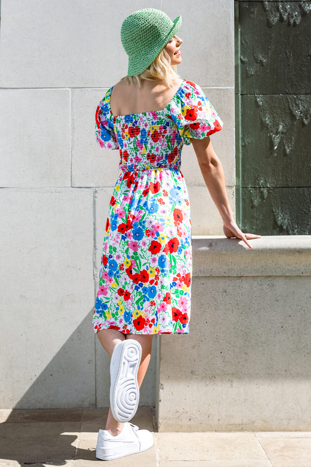 White Floral Puff Sleeve Cotton Dress, Image 2 of 5