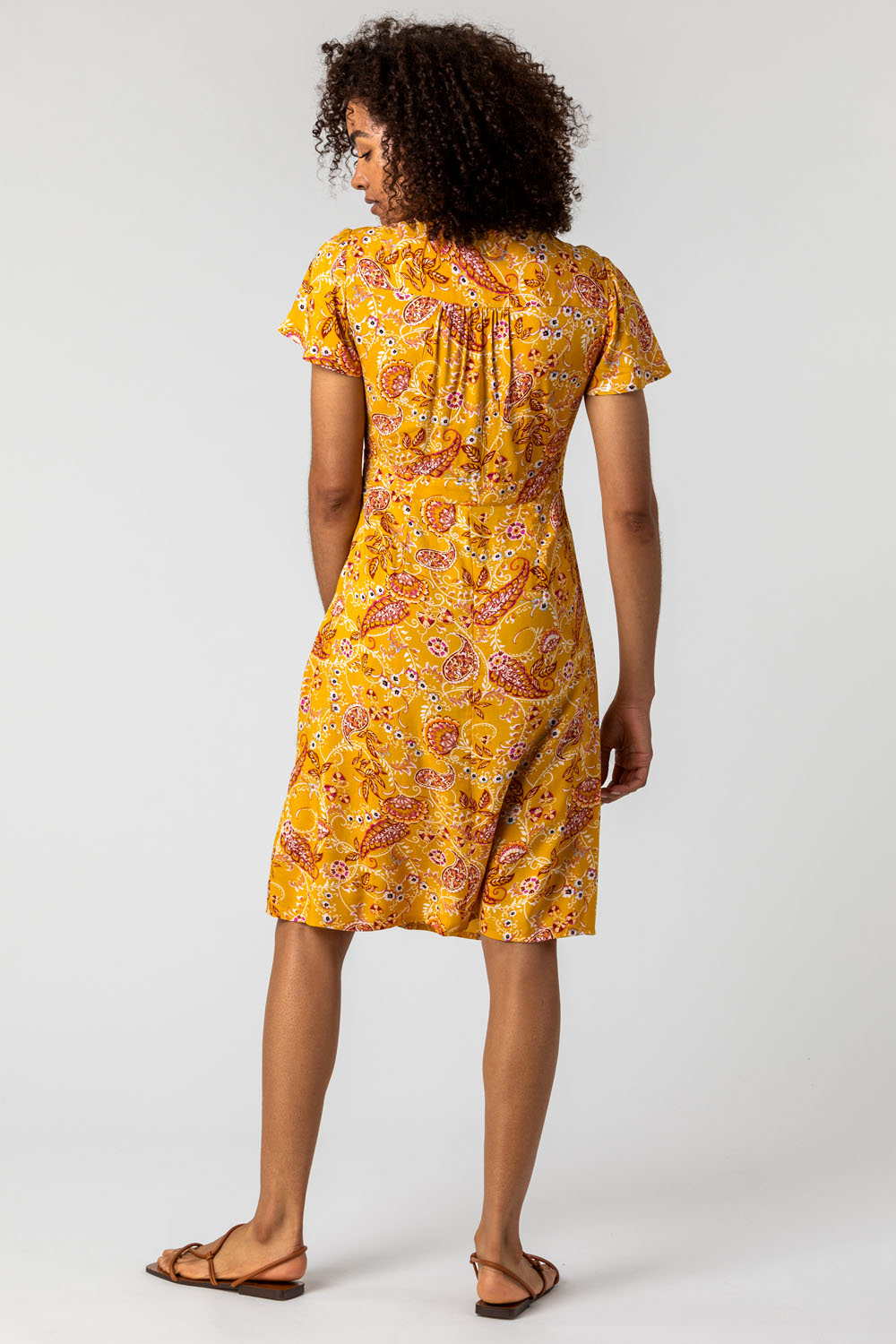 Yellow Paisley Print Twist Knot Dress, Image 2 of 5