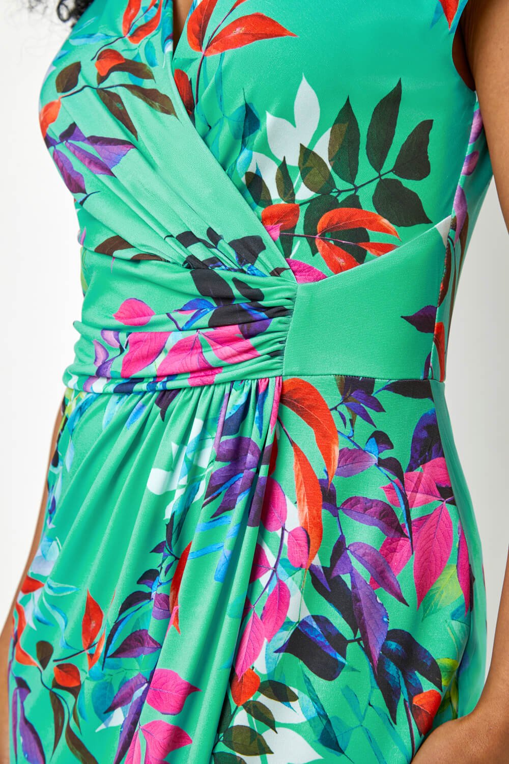 Green Petite Tropical Print Ruched Wrap Dress, Image 5 of 5