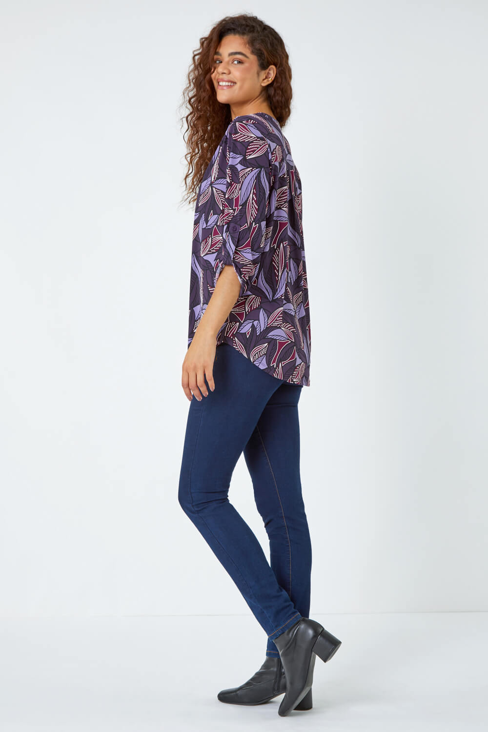 Purple Textured Leaf Print Stretch Shirt, Image 3 of 5