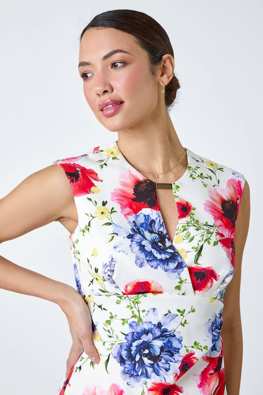 Ivory  Floral Print Ruched Shift Stretch Dress, Image 4 of 5