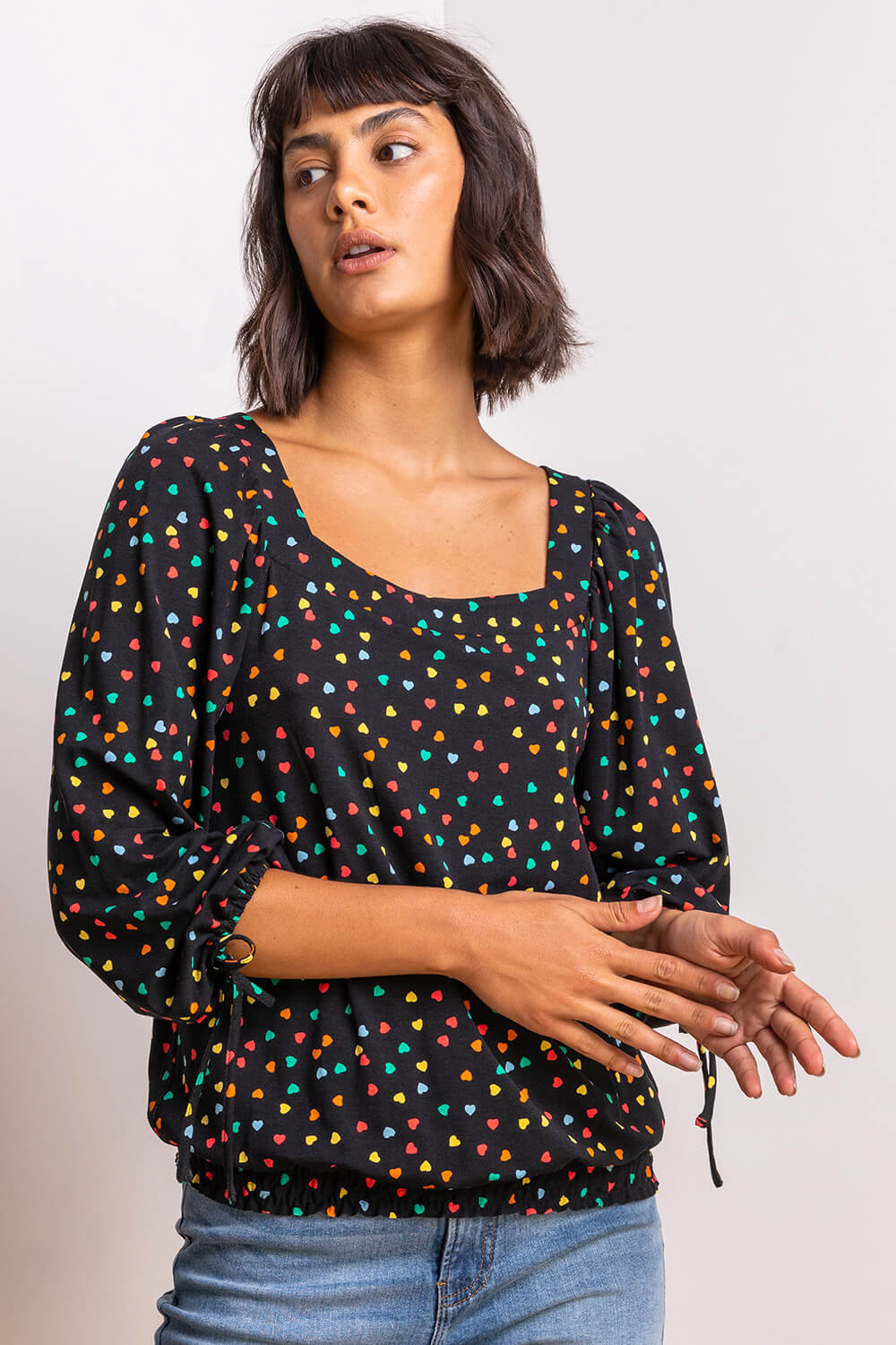 Ditsy Heart Print Square Neck Top