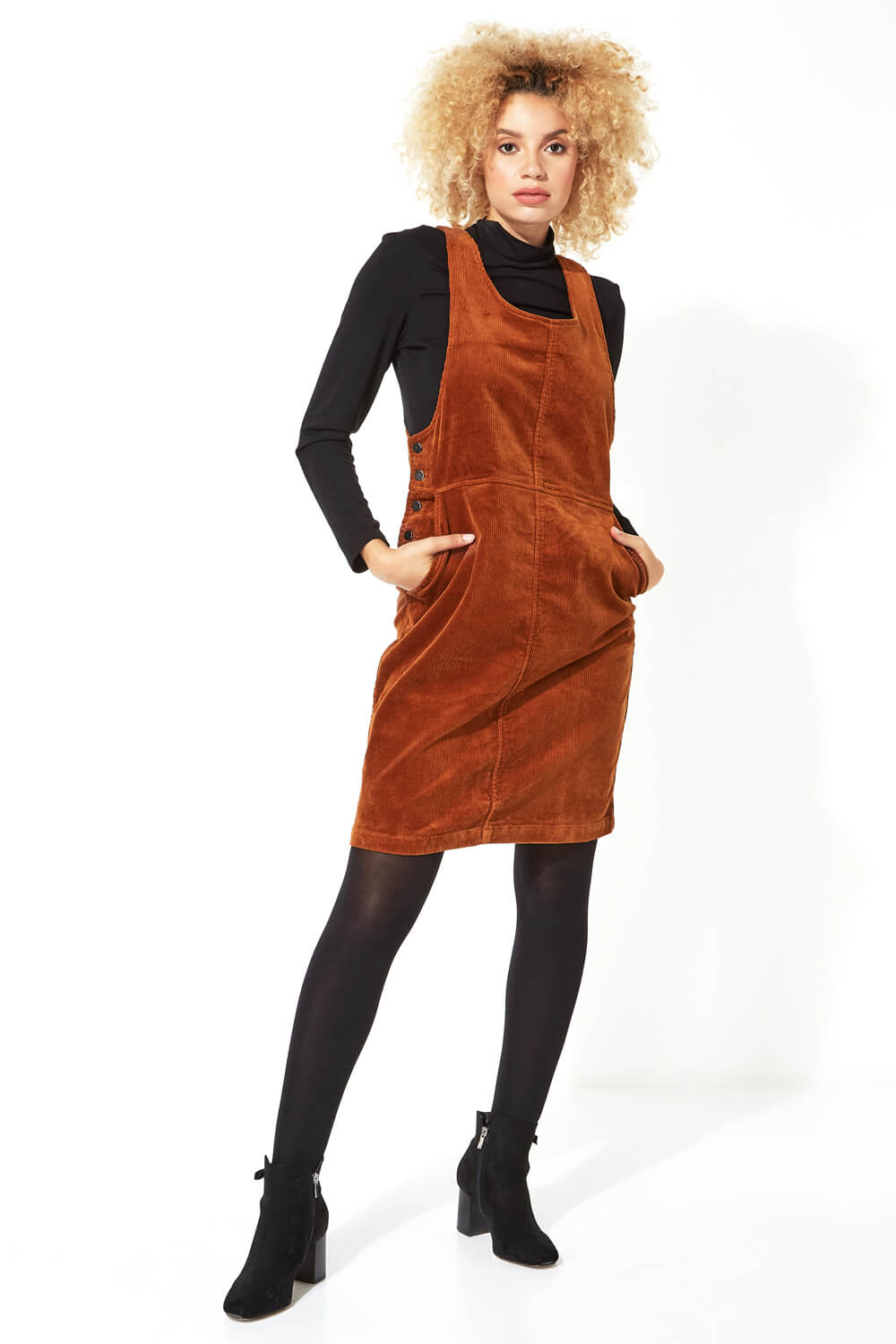 Rust Button Corduroy Pinafore Dress, Image 2 of 5