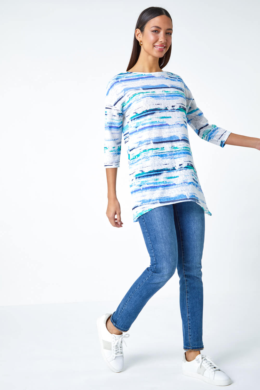 Blue Abstract Stripe Hanky Hem Stretch Top, Image 2 of 5