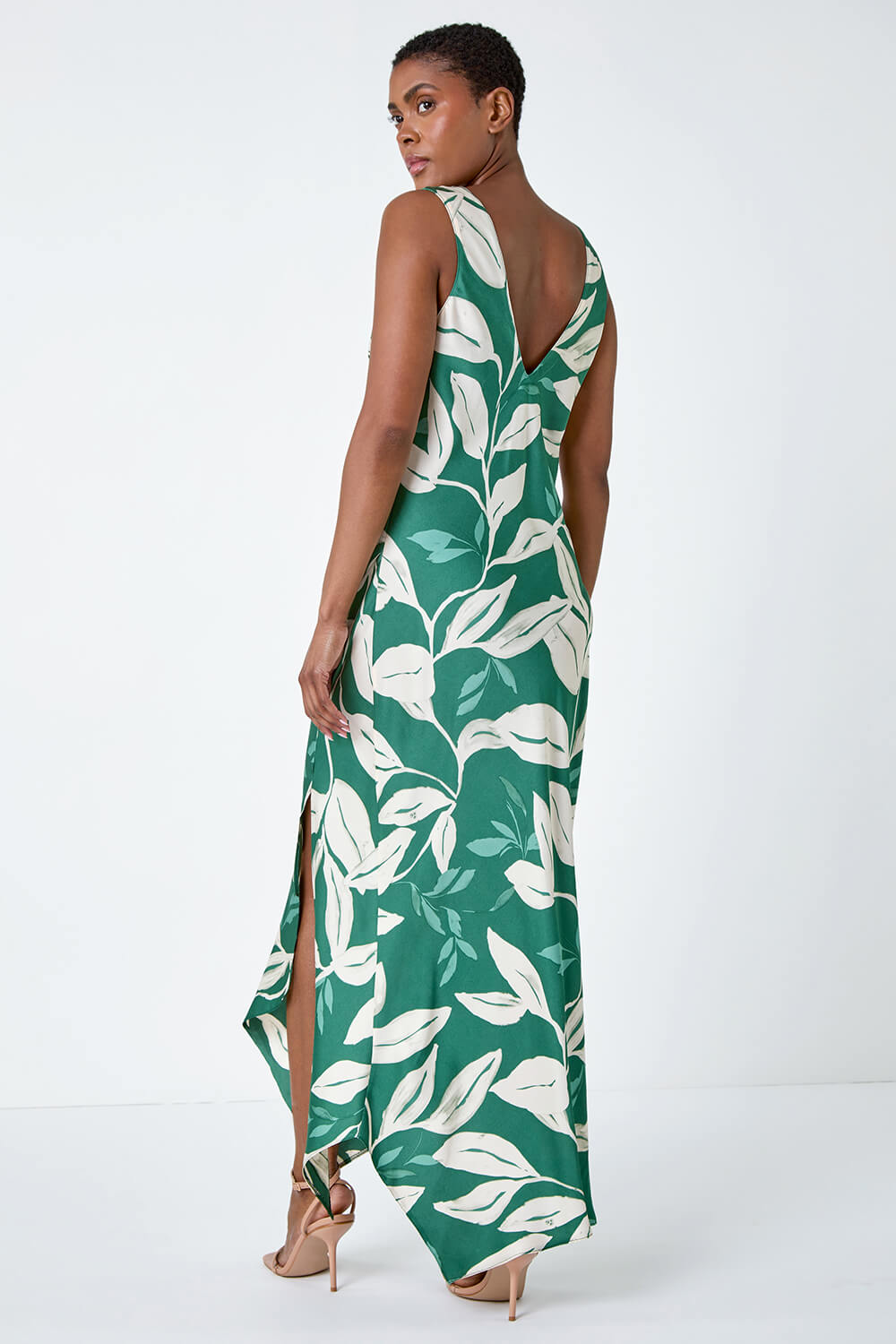 Green Leaf Print Satin Midi Dress, Image 3 of 6