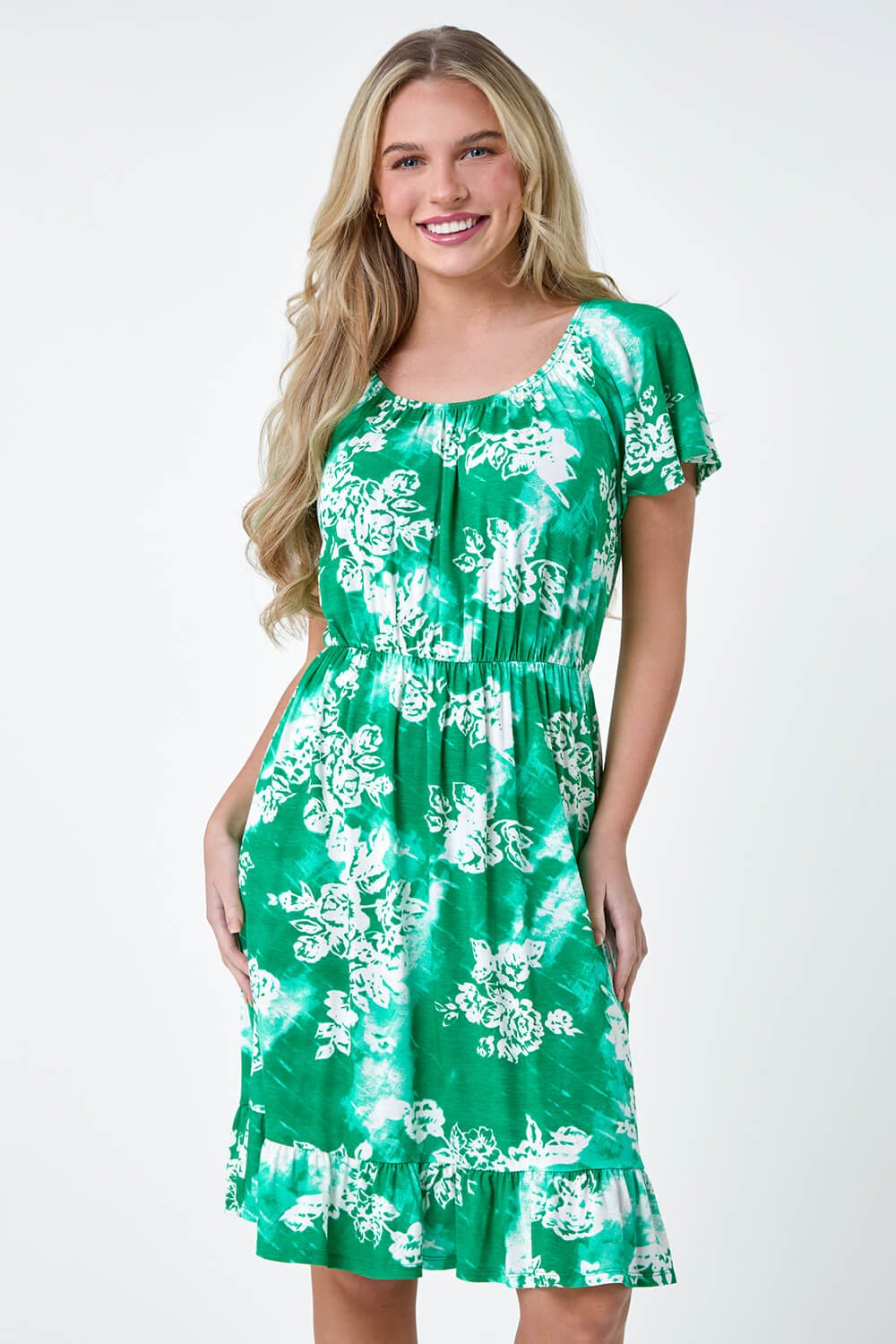Green Petite Abstract Floral Stretch Frill Dress, Image 2 of 5