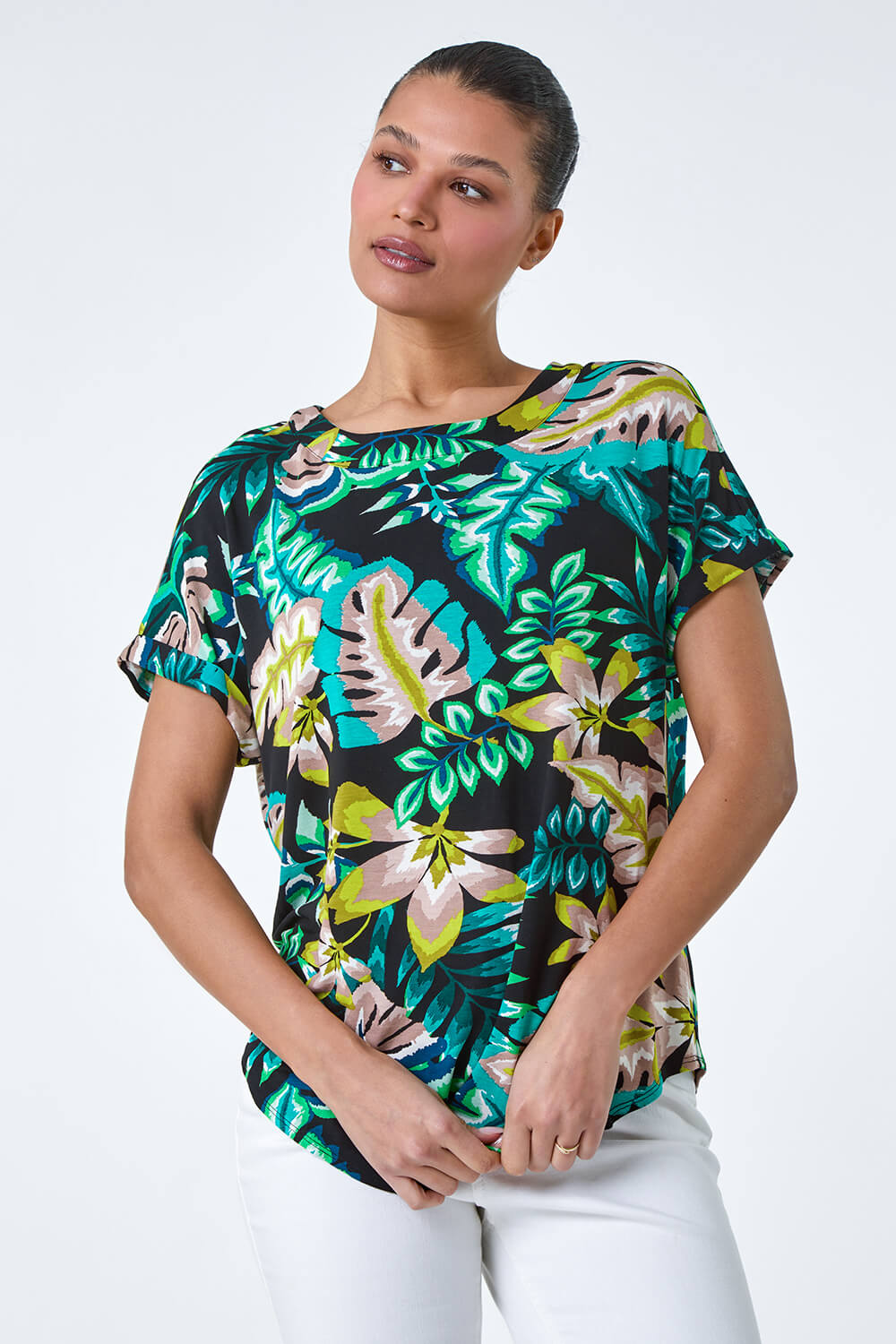 Green Tropical Leaf Print Stretch T-Shirt, Image 6 of 6