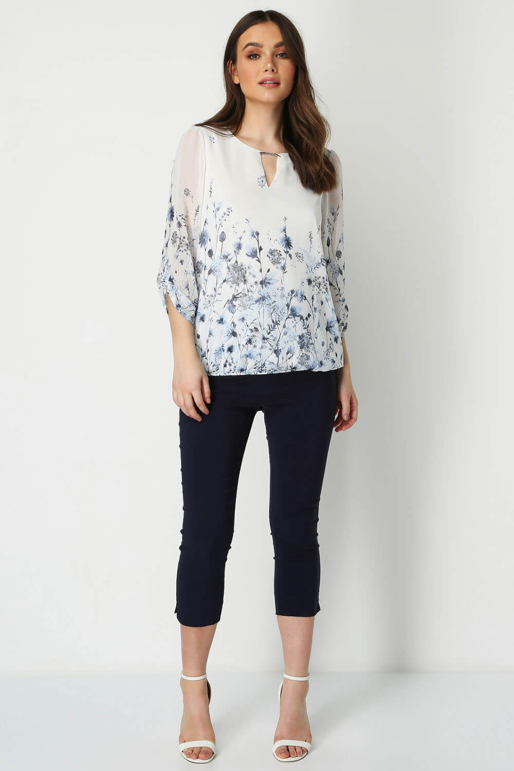 Floral Bubblehem Chiffon Top in IVORY Roman Originals UK