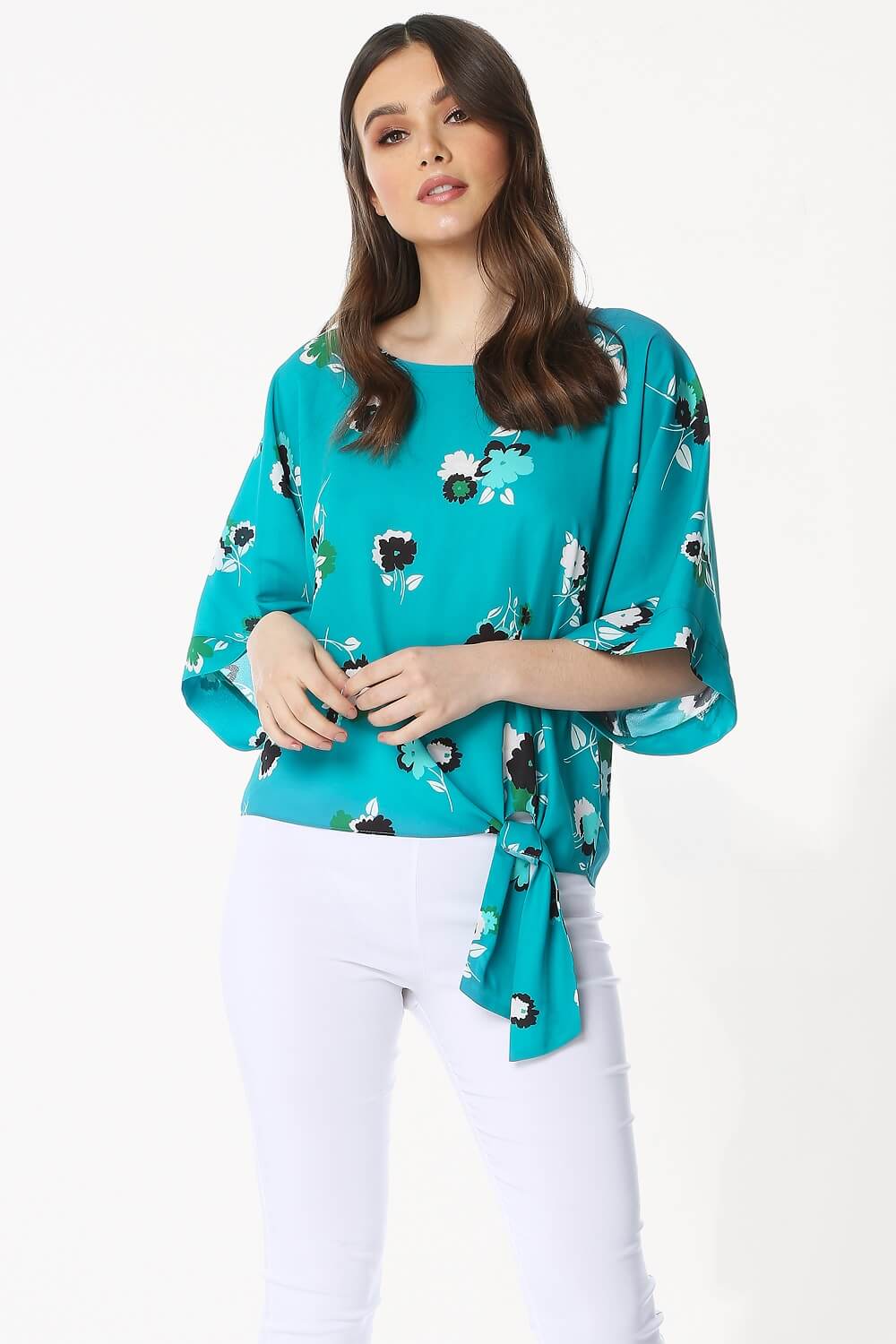 Floral 3/4 Sleeve Tie Front Top in Teal - Roman Originals UK