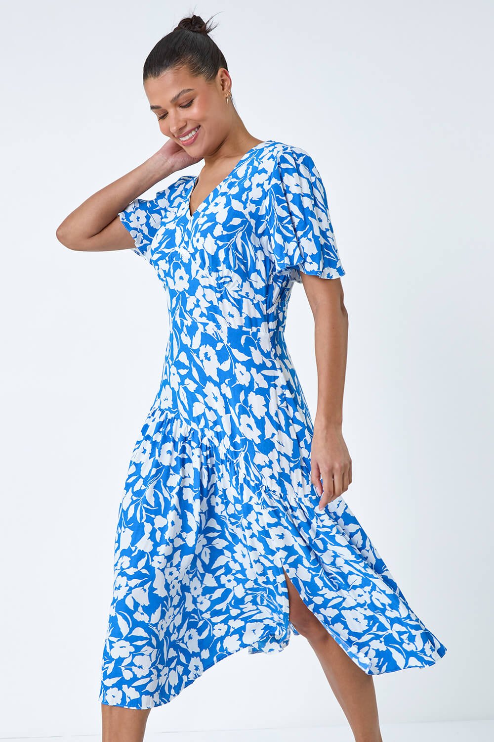 Tiered Contrast Floral Print Dress in Blue - Roman Originals UK