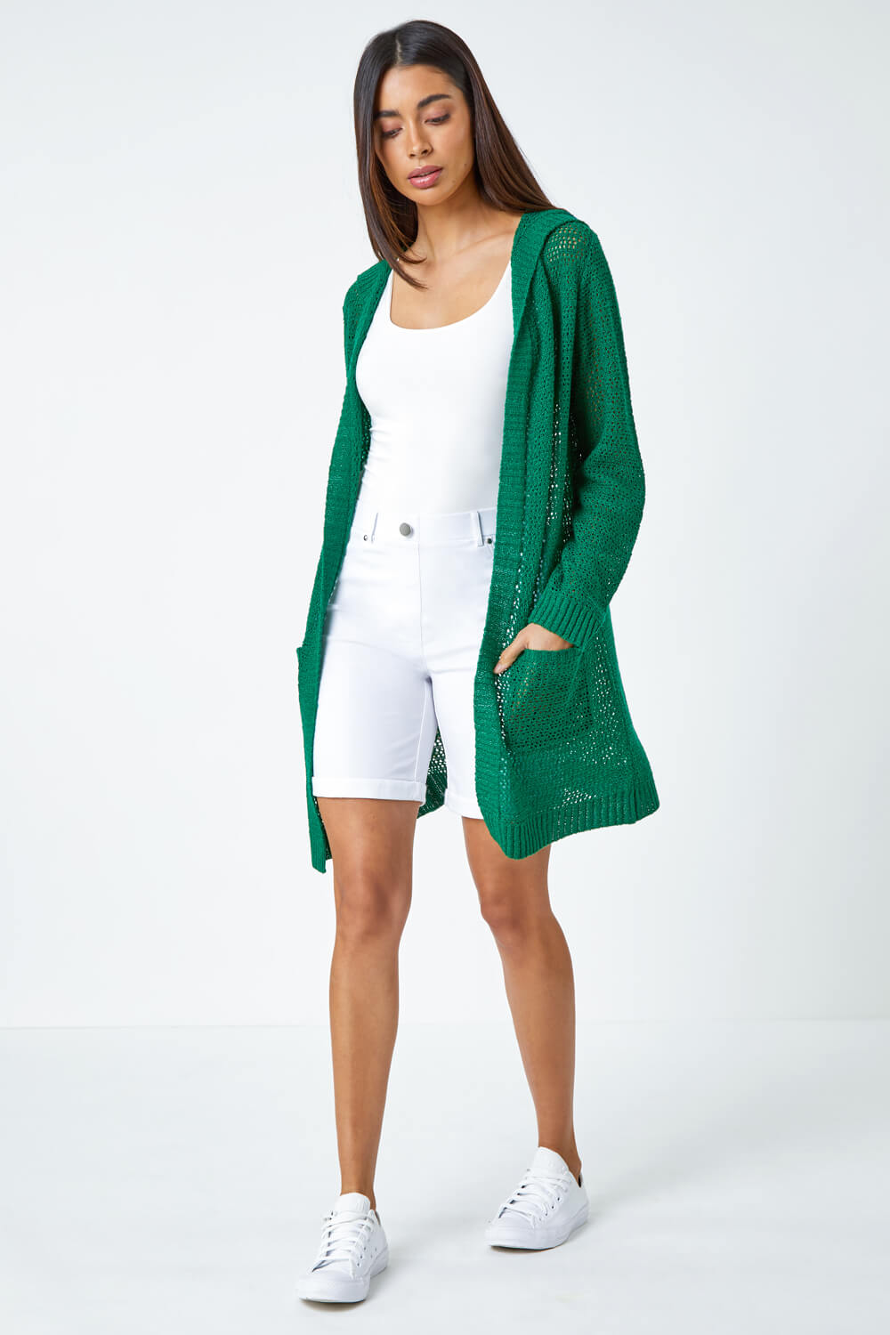 Green Longline Hooded Cardigan, Image 2 of 5
