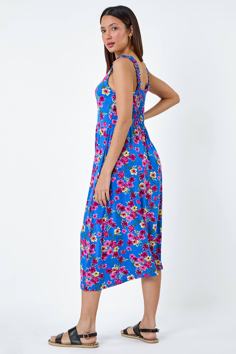 Blue Floral Shirred Strap Midi Dress, Image 3 of 5