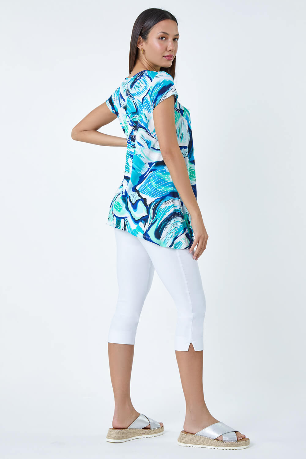 Turquoise Textured Abstract Stretch Hanky Hem Top, Image 3 of 5