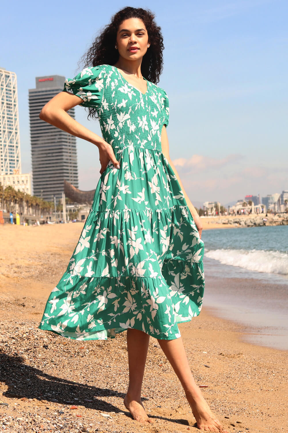 Green Floral Shirred Waist Tiered Midi Dress, Image 2 of 5