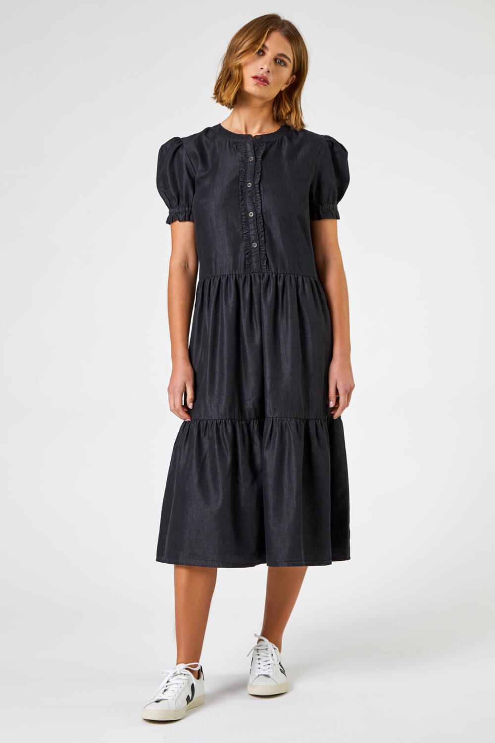 Black Denim Puff Sleeve Tiered Midi Dress, Image 3 of 5