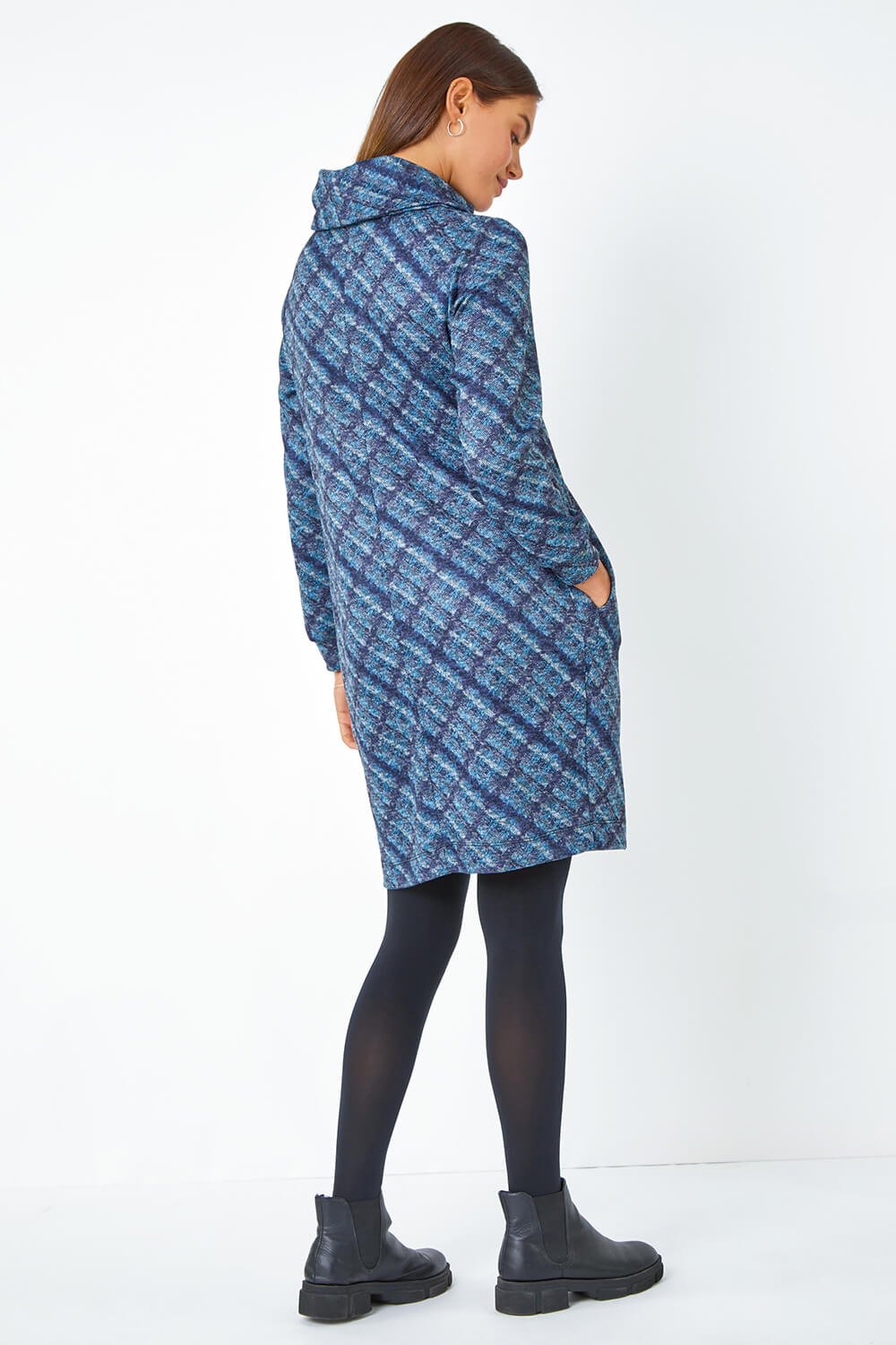 Blue Checked Cowl Neck Stretch Dress, Image 3 of 4
