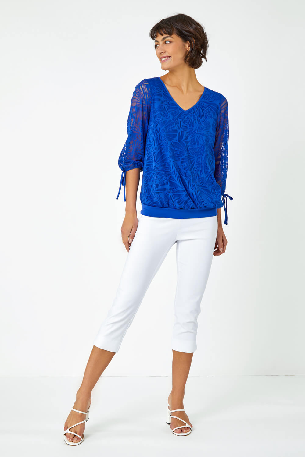Royal Blue Burnout Tie Sleeve Overlay Top, Image 4 of 5