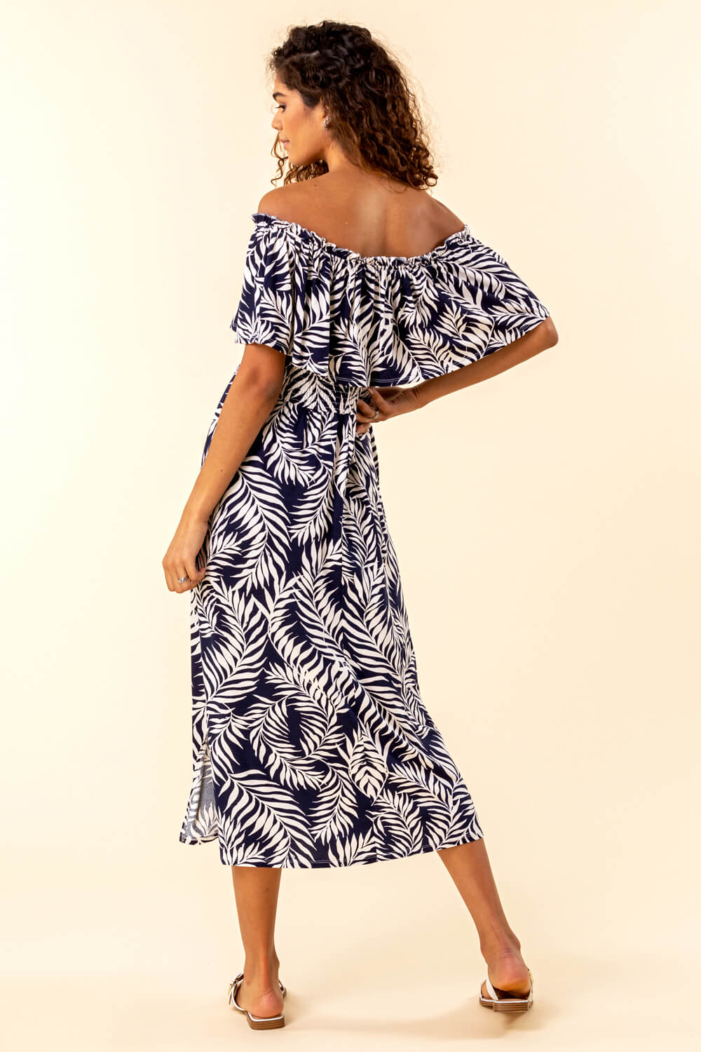 Navy  Palm Print Bardot Dress, Image 2 of 4
