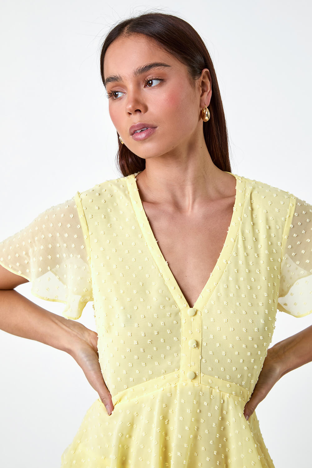 Lemon  Petite Textured Spot Tiered Midi Dress, Image 4 of 5