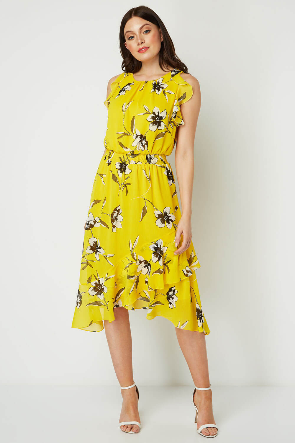 Floral Ruffle Midi Dress in Yellow - Roman Originals UK
