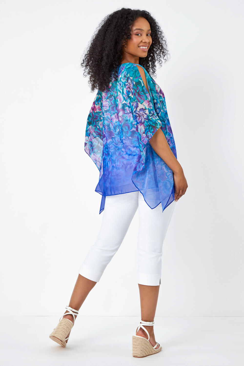Turquoise Petite Floral Print Cold Shoulder Top, Image 3 of 5