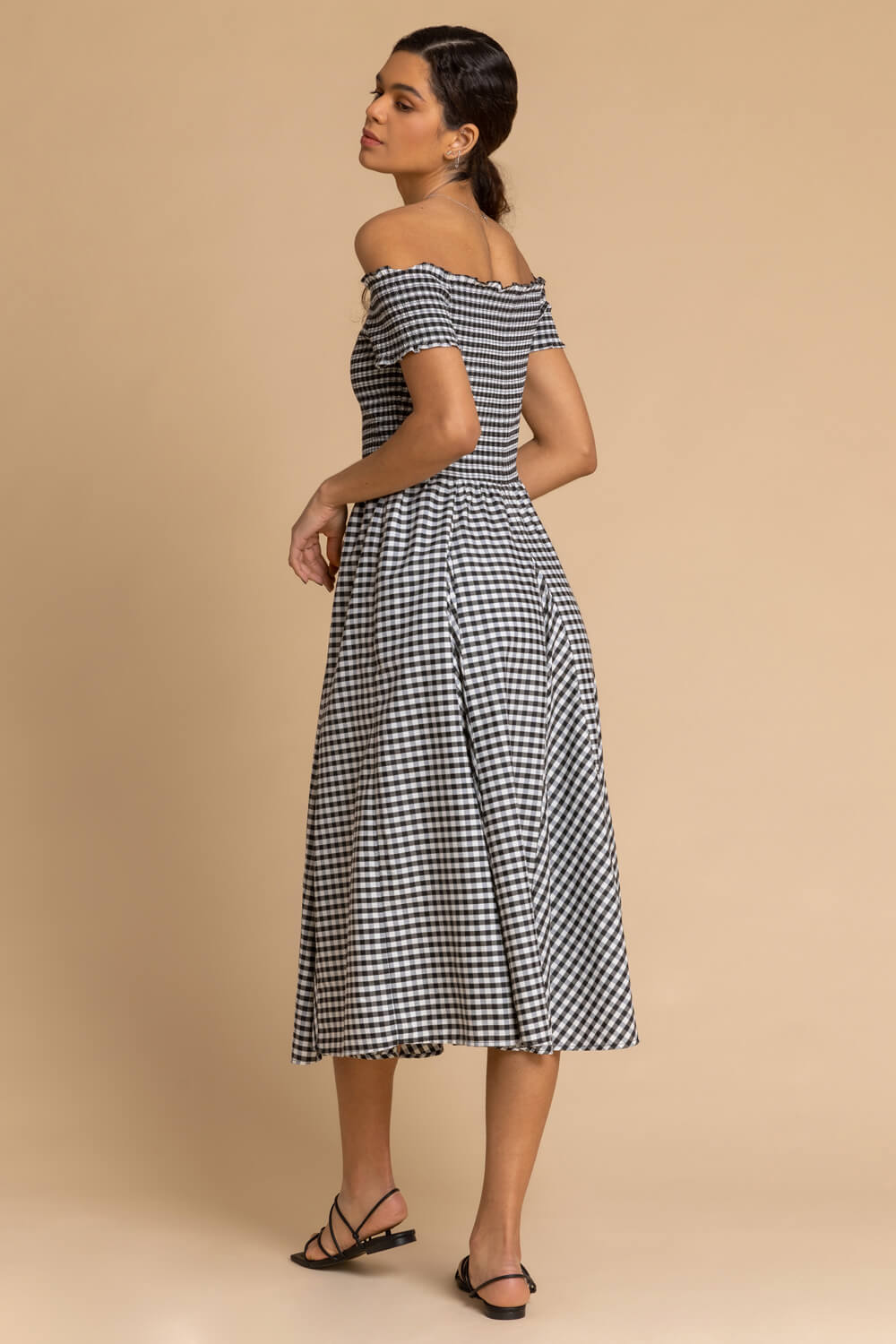 Black Gingham Bardot Fit and Flare Dress, Image 2 of 5