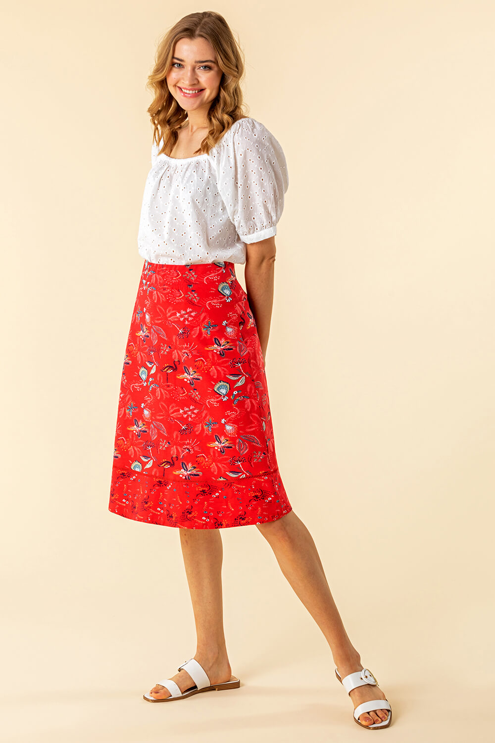 A Line Tropical Printed Skirt in Red - Roman Originals UK