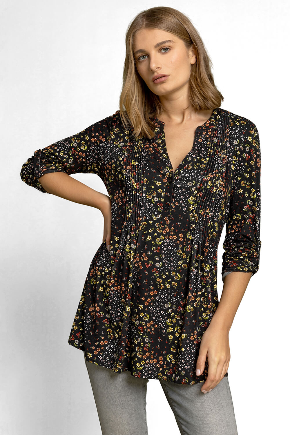 Floral Print Pintuck 3/4 Sleeve Jersey Shirt