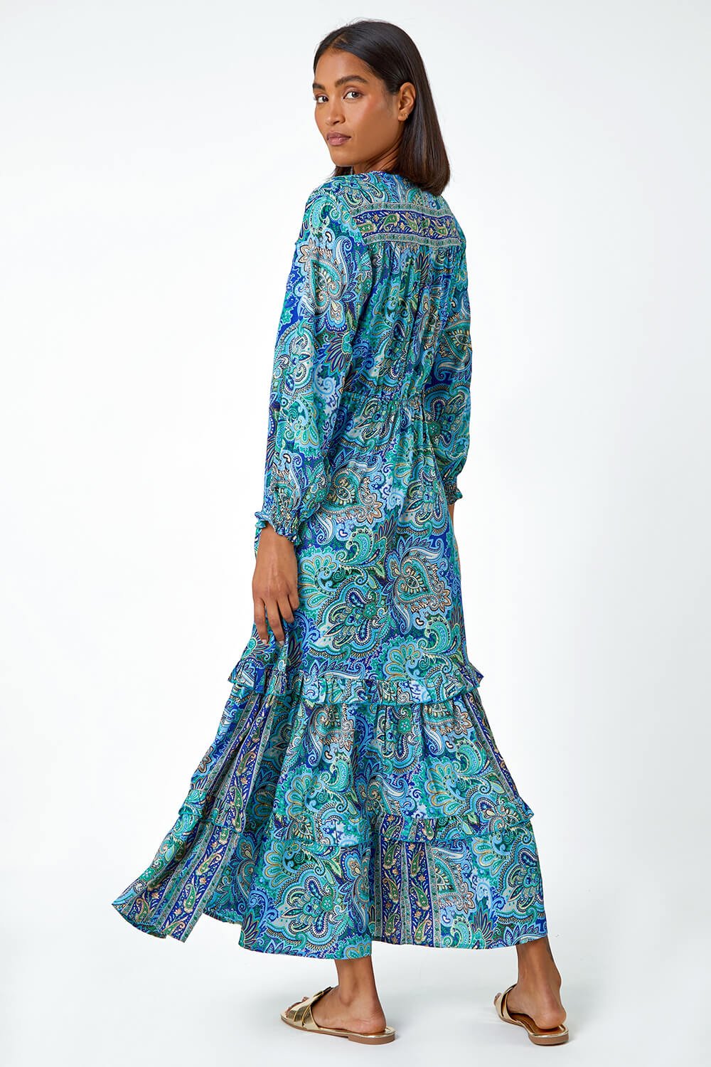 Blue Paisley Print Tassel Frill Hem Maxi Dress, Image 3 of 5