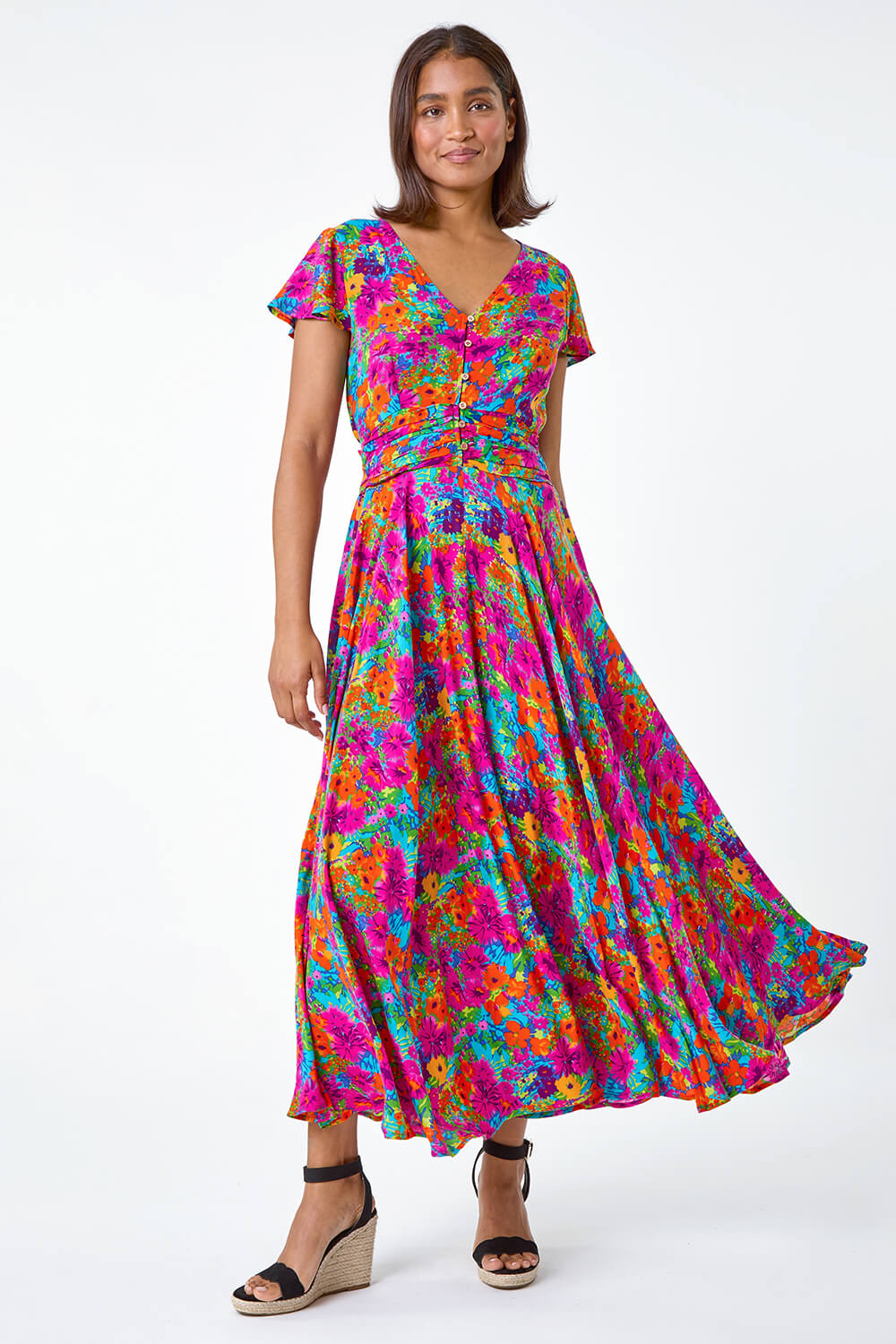 Fuchsia Floral Ruched Waist Midi Dress, Image 2 of 5