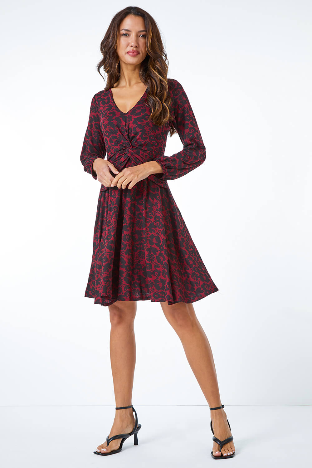 Red Floral Twist Stretch Ruched Jersey Dress, Image 4 of 5
