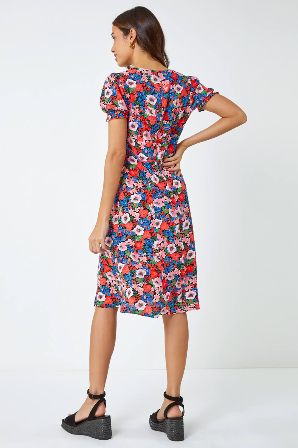 Red Frill Sleeve Floral Tea Dress, Image 3 of 5