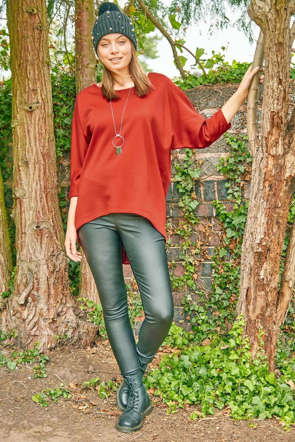 Rust Necklace Detail Batwing Slouch Lounge Top, Image 2 of 4