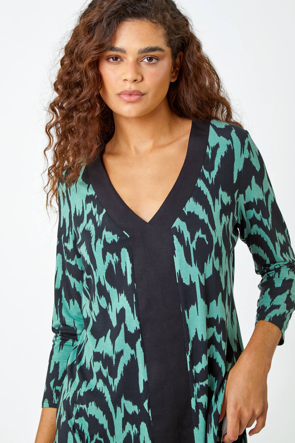 Green Abstract Print Stretch Top , Image 4 of 5