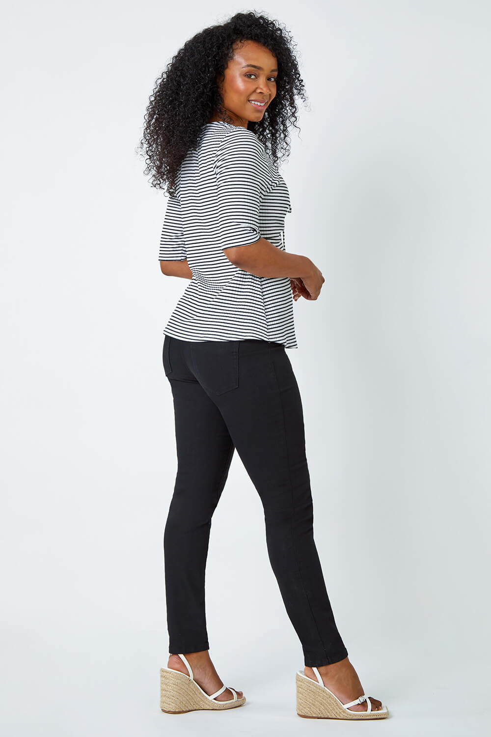 Black Petite Stripe Ruched Stretch Top, Image 3 of 5