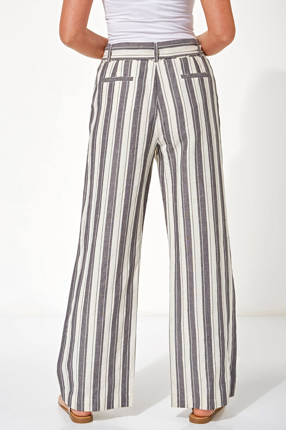 Stripe Linen Wide Leg Trousers in NATURAL - Roman Originals UK