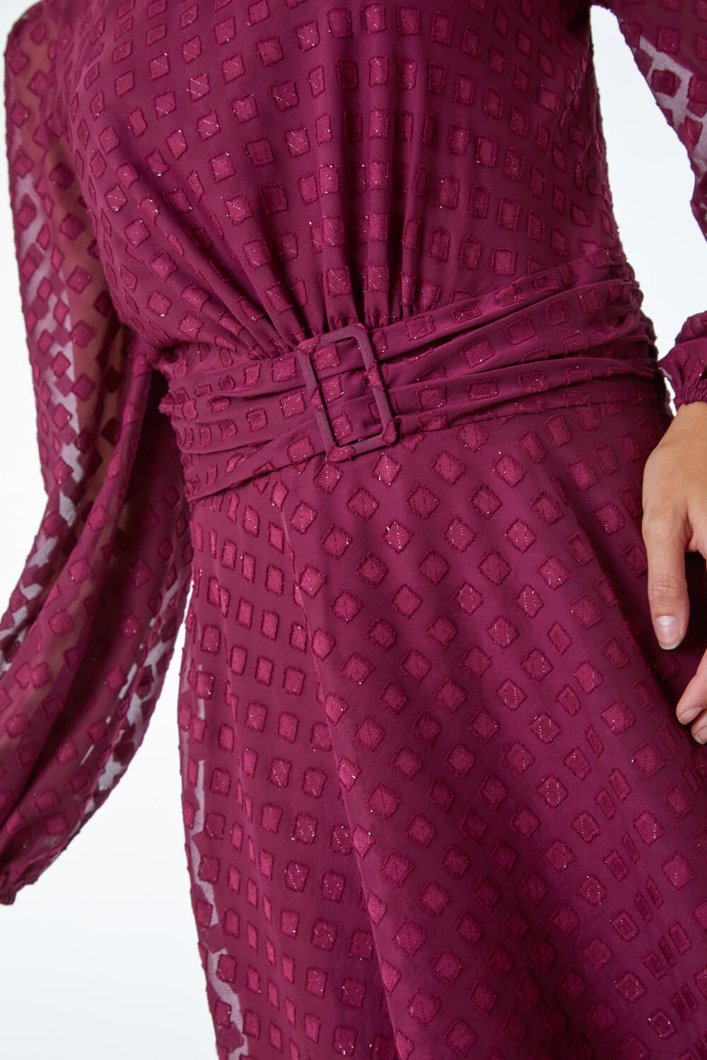 Wine Textured Diamond Belted Midi Dress, Image 5 of 5