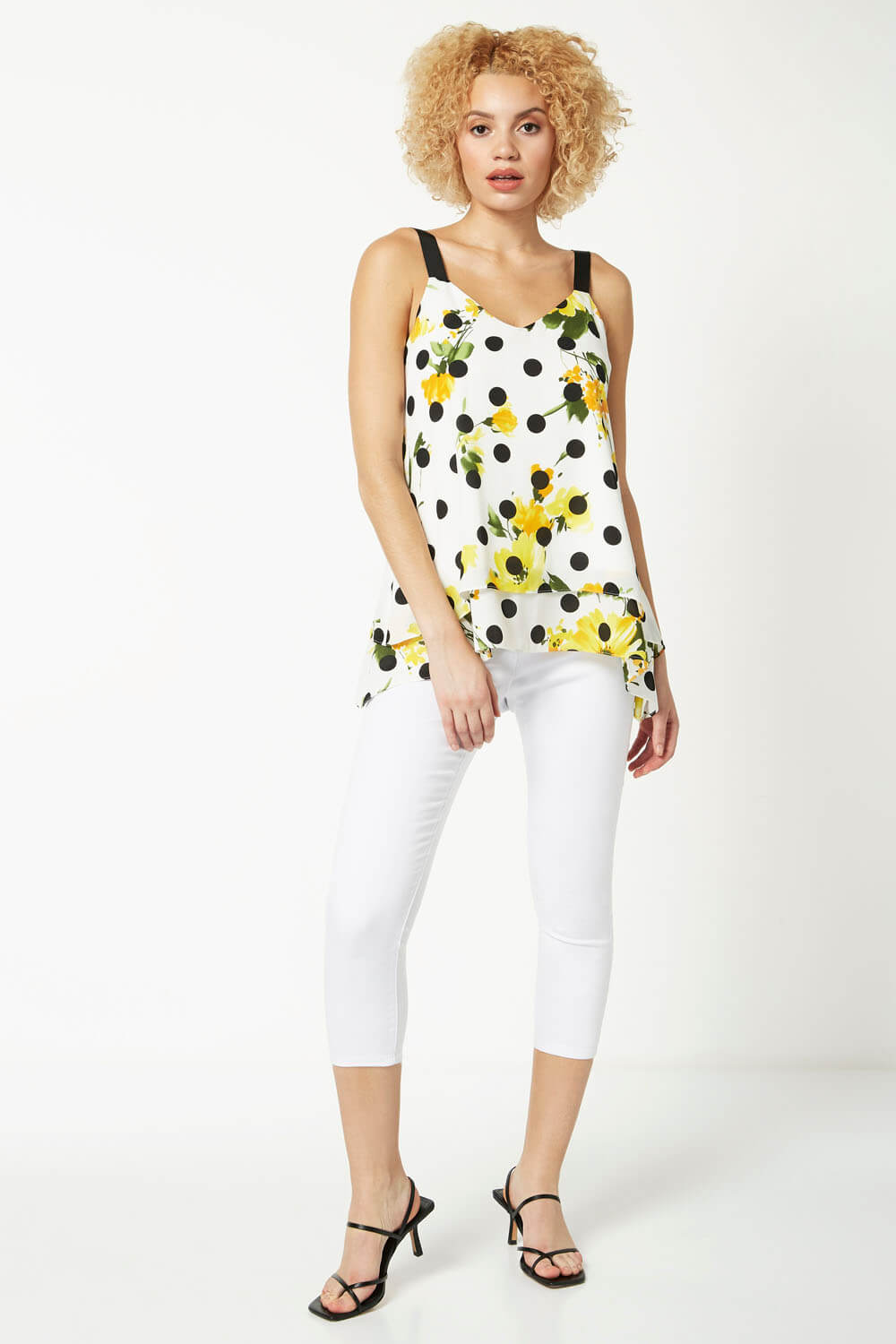 Yellow Floral Spot Print Overlay Vest Top, Image 2 of 5