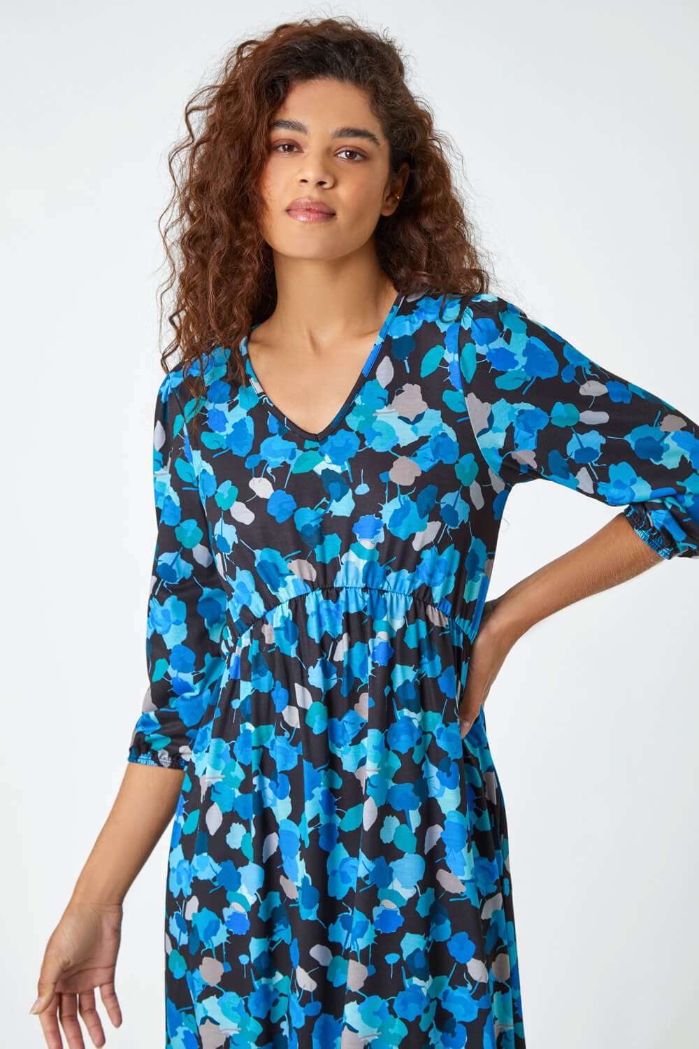 Blue Petal Print Frill Hem Midi Dress, Image 4 of 5