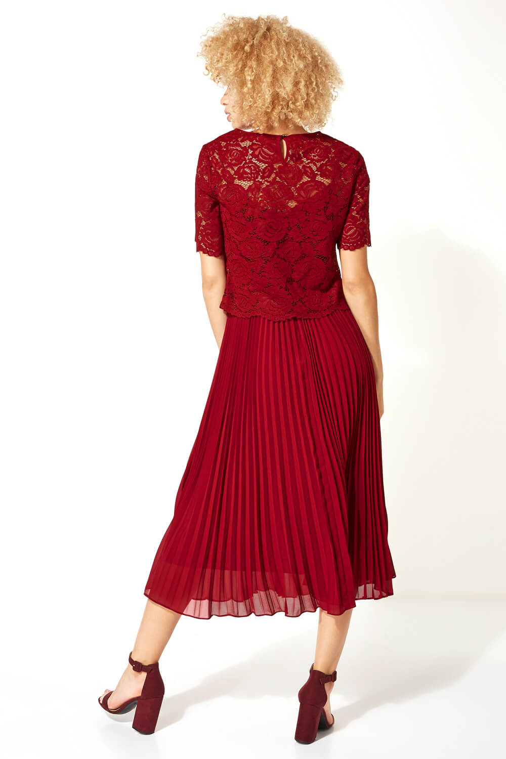 Lace Top Overlay Pleated Midi Dress In Wine Roman Originals Uk