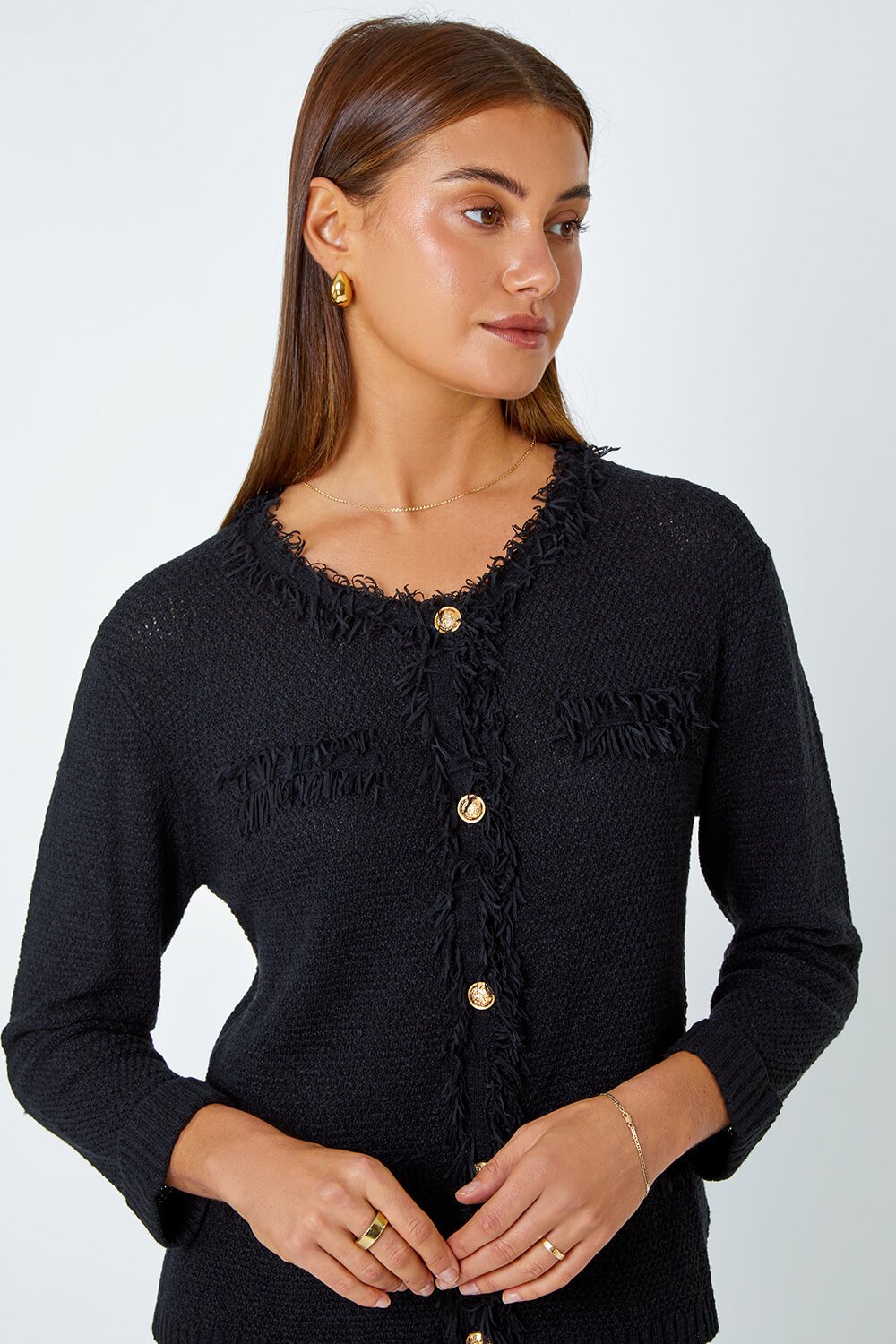 Black Button Detail Fringe Knit Jacket | Roman UK