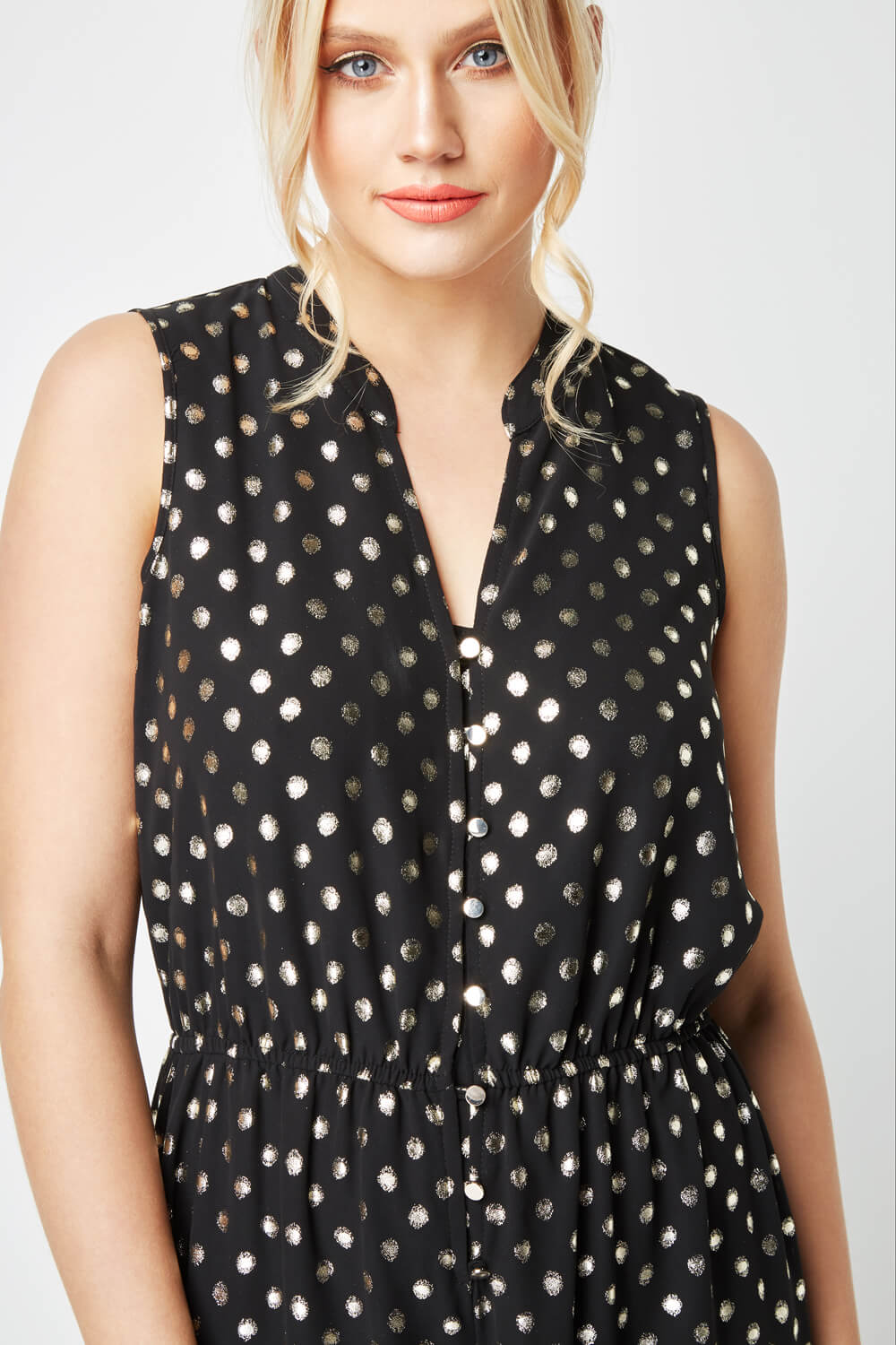 Gold Polka Dot Button Detail Jumpsuit, Image 3 of 4