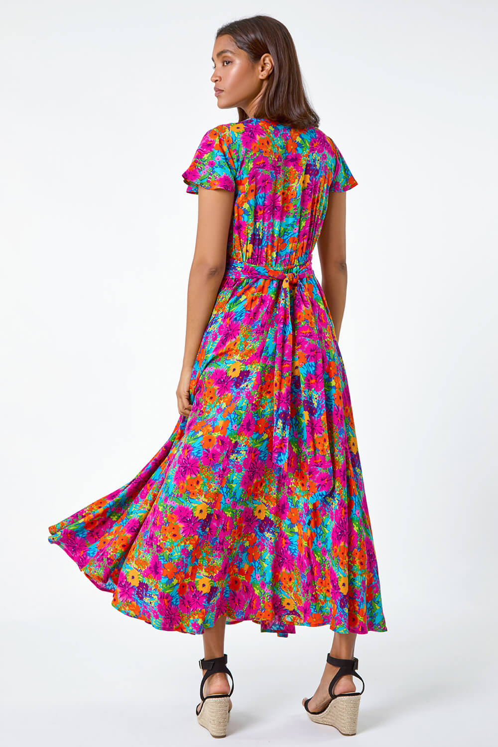 Fuchsia Floral Ruched Waist Midi Dress, Image 3 of 5
