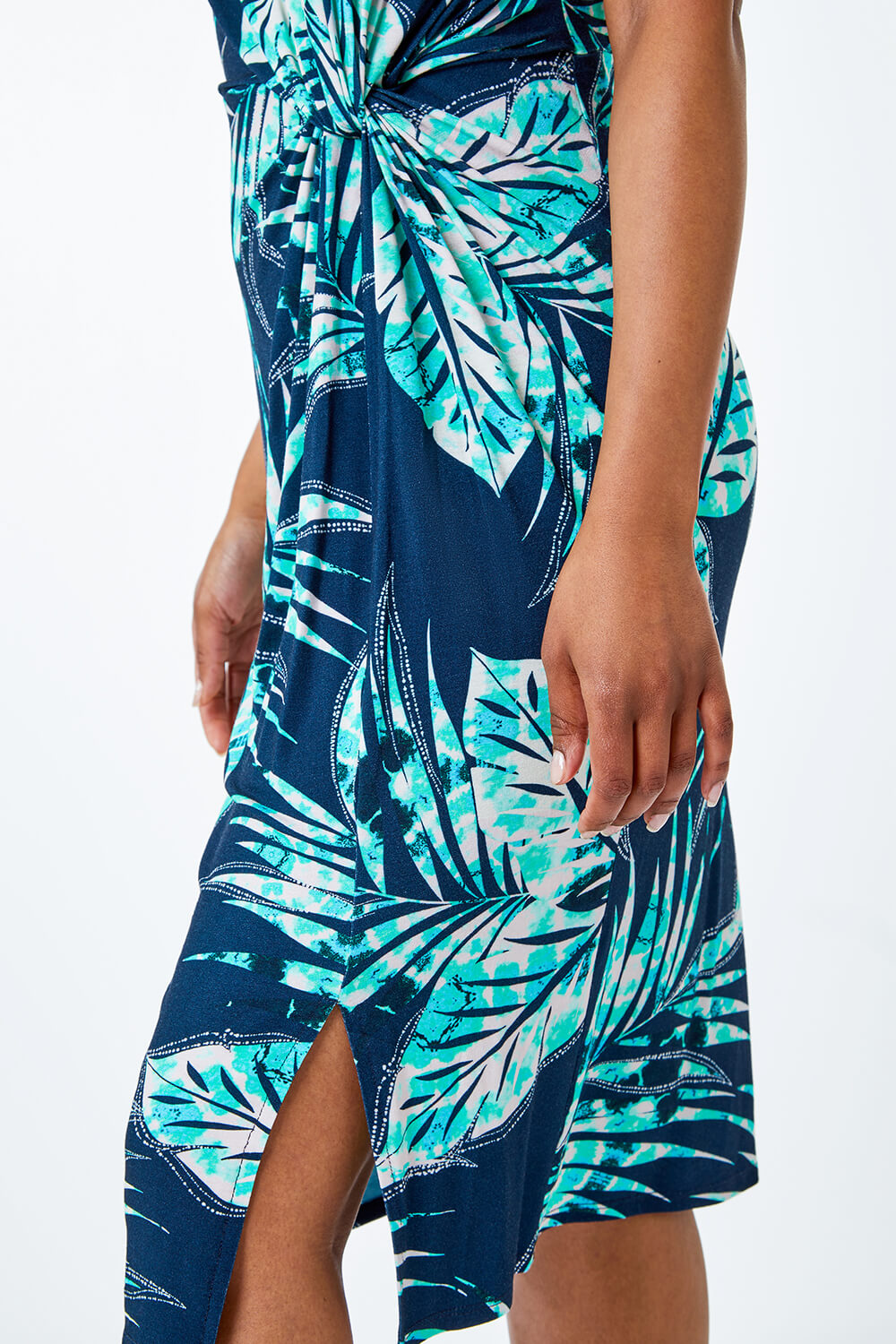 Blue Petite Tropical Twist Waist Ruched Dress, Image 5 of 5