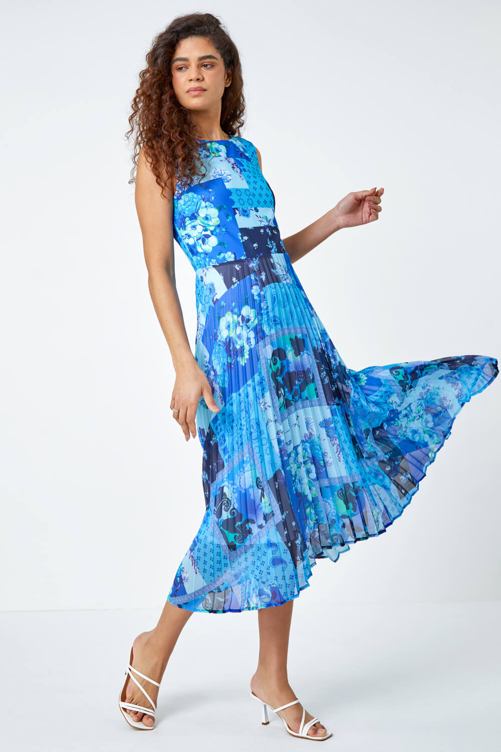 Blue Mixed Floral Print Pleated Midi Dress, Image 2 of 5