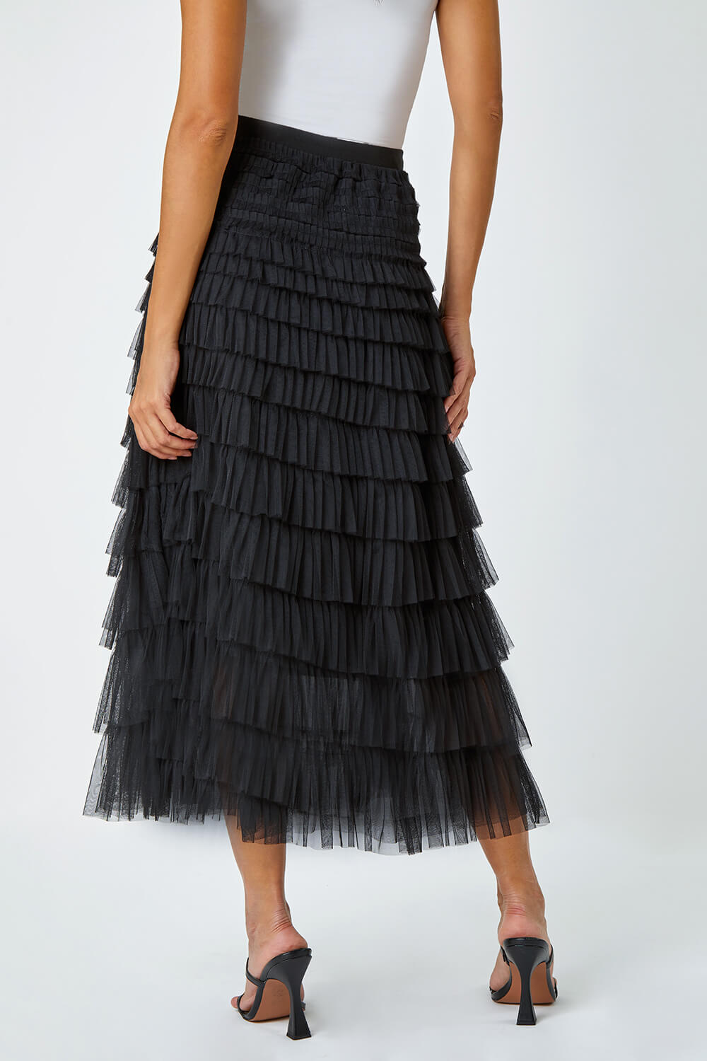 Black Elasticated Mesh Tiered Ruffle Skirt | Roman UK